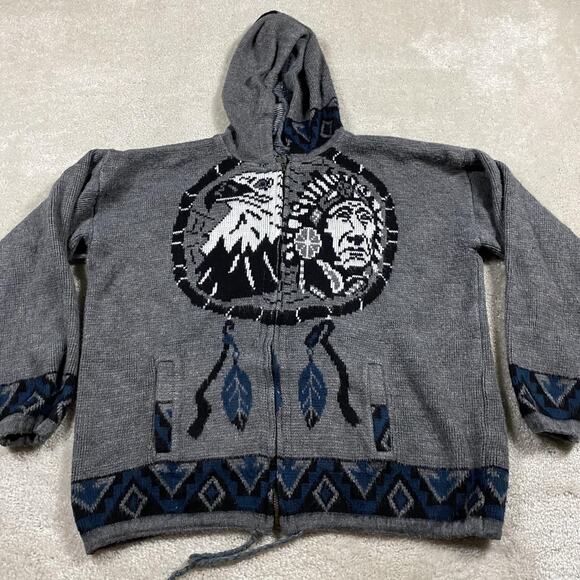 Ruminahui Other - Tejidos Ruminahui Hoodie Mens L Gray Full Zip Knit Eagle Dreamcatcher Blue